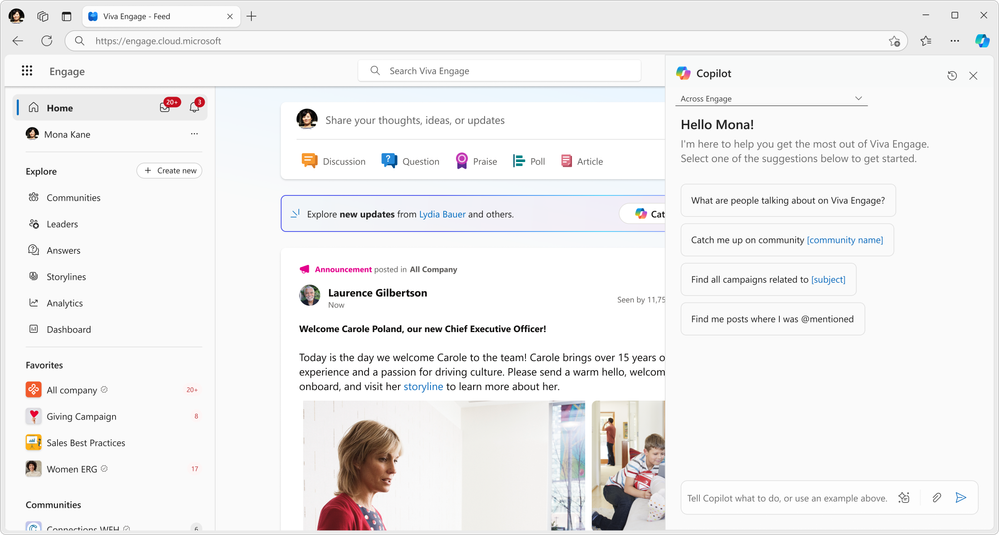 A screenshot of the Viva Engage platform with the home feed, navigation menu, and Copilot panel offering community engagement suggestions