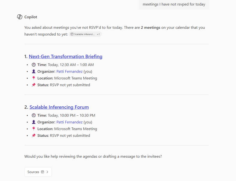 Copilot Chat interface where a user has asked for the meetings they have not responded to and Copilot listing those meetings in its response.
