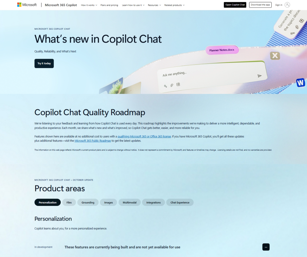 Screenshot of the Copilot Chat quality roadmap webpage with a headline reading What’s new in Copilot Chat.