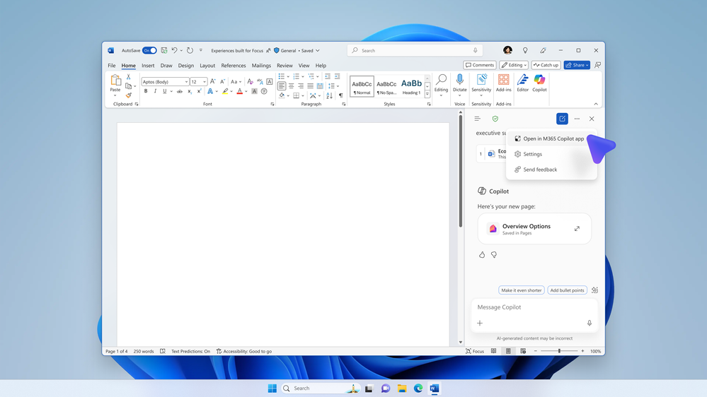 Copilot Chat in Word showing the Open in M365 Copilot app accessible from the More menu.