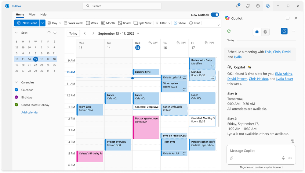 Outlook calendar view for September 13–17 with multiple events and a Copilot panel suggesting meeting times.