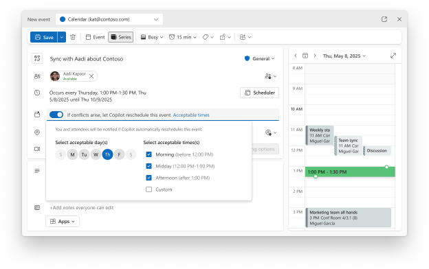 Outlook calendar event editor showing meeting details and Copilot rescheduling options with acceptable days and times selected.