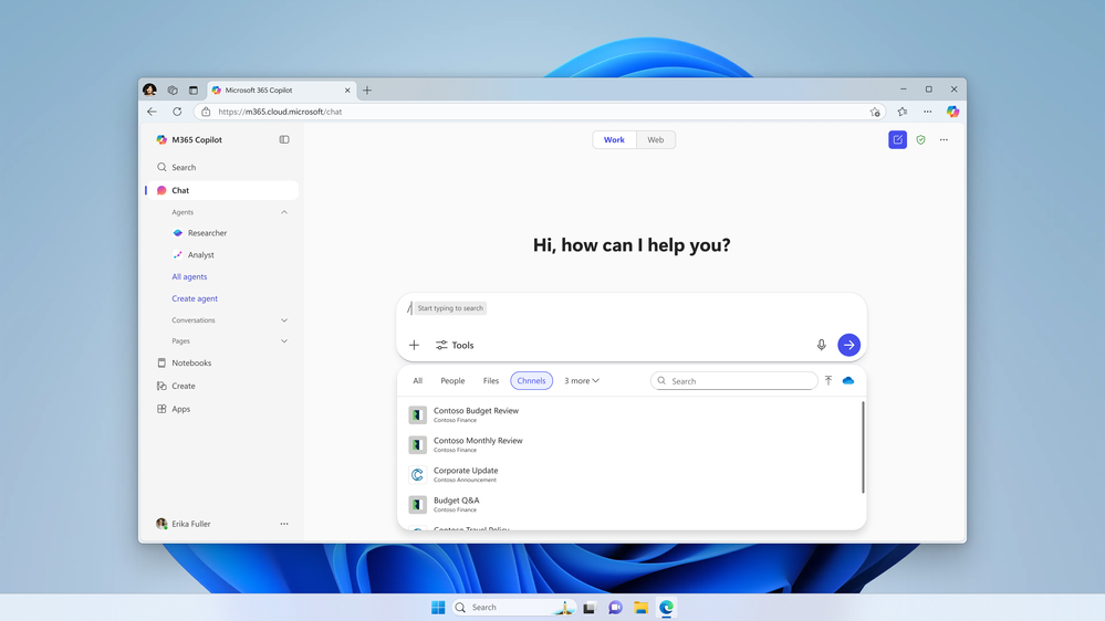 Image of Copilot Chat with a user searching for Teams channels by typing ‘/’ in the input box.