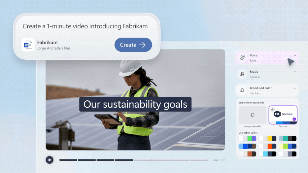 Video creation interface for Fabrikam intro with solar panel image, sustainability text, and options for voice, music, brand color, and editable transcription.