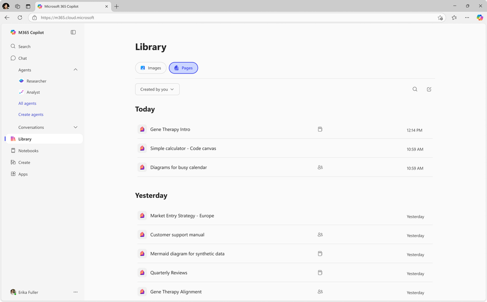 Screenshot of the Pages view in Library showing a list of Pages created by you.