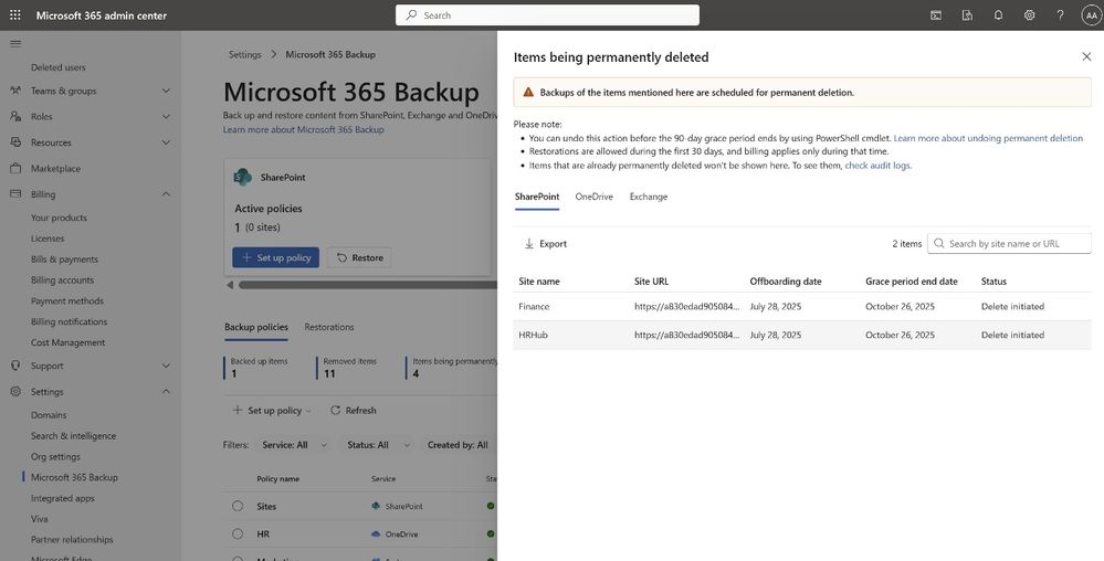 Microsoft 365 Backup page, with the “Items being permanently deleted” details pane open