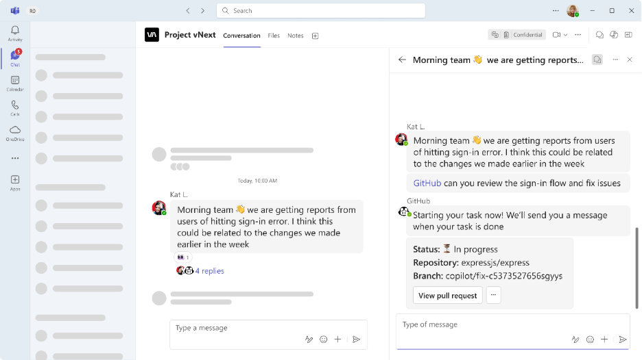A Teams chat window, showing the GitHub app window with request to GitHub, and response.