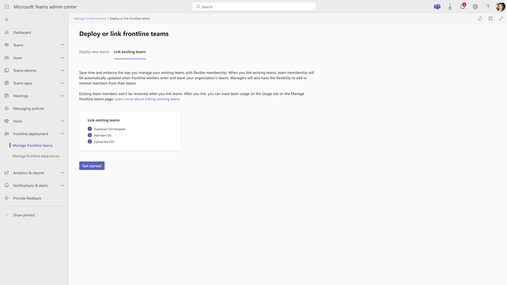 The Teams Frontline admin center, showing how to link Frontline teams.