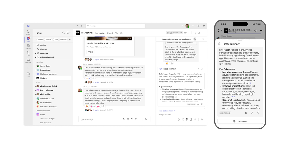 Teams desktop and mobile chat windows, both showing the AI generated thread summary.