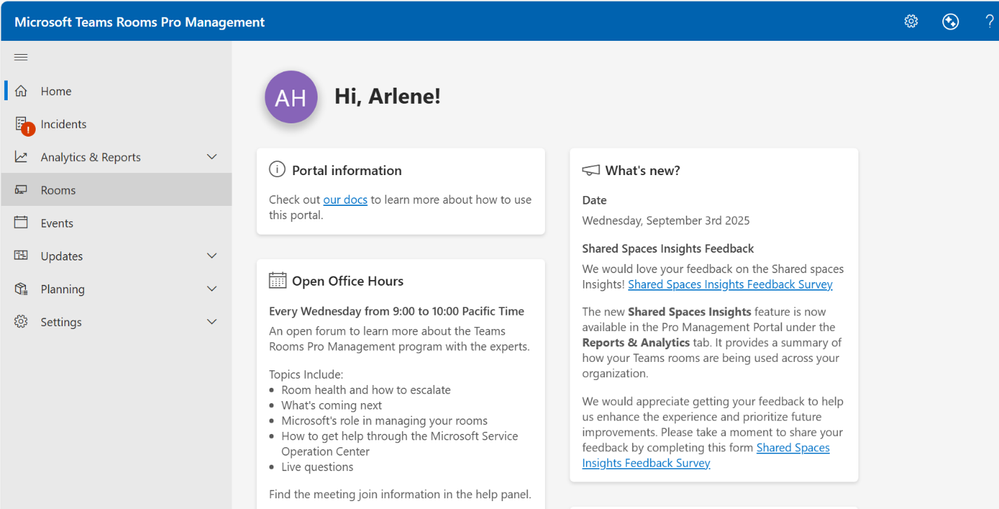 Home page of the Teams Rooms Pro Management portal which is now available for DoD customers.