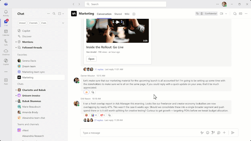 Click on ‘replies’ in a channel with threads. The selected thread will open on the far-right of the screen. The user types and send a reply.