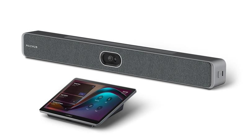 the MAXHUB XBar V50 Kit, with soundbar with integrated camera and touch board controller.