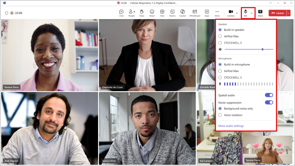 The Teams meeting window, showing the view of people in a meeting, and the drop-down microphone menu demonstrating the volume indicator.