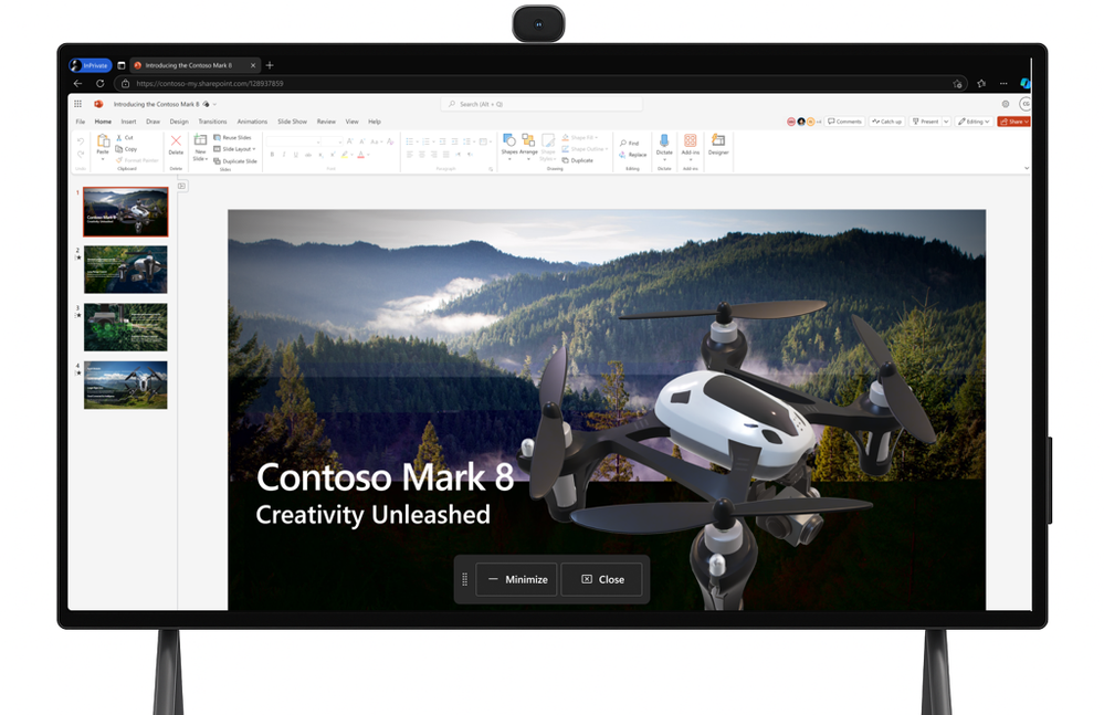 A Teams Rooms on Windows touch board with browser window open viewing an online presentation for a drone product.