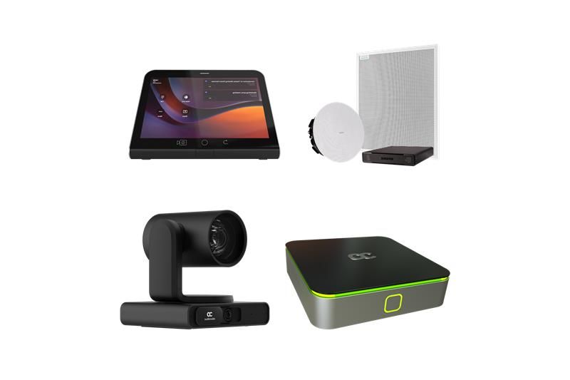 the AudioCodes RXV200 + RXVCam70 + Shure Large Room Kit, including a camera,  touchboard, audio system, and room controller.