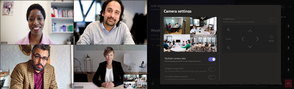 The multi camera view of several people and rooms in a Teams meeting, and the Camera settings window.