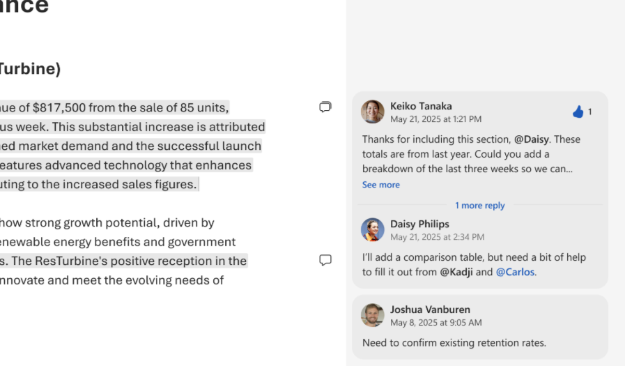 Comments with replies in Microsoft Word for the web.