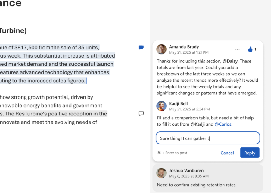 Someone responding to a comment in Microsoft Word for the web.