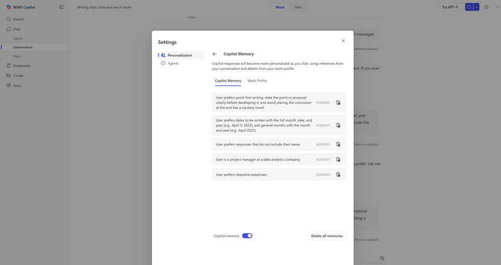 A screenshot of the Copilot Memory menu in Microsoft 365 Copilot with several memories saved.