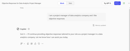 A screenshot of someone having a Memory updated while chatting with Microsoft 365 Copilot about their role as a project manager.