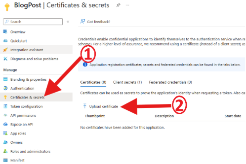 Screen shot of Entra app Certificate and Secrets portal.