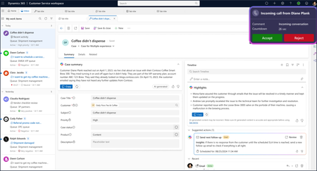 Microsoft Dynamics 365 Contact Center customer record with a Teams Phone-enabled screen pop prompting the agent to Accept or Reject an incoming call.