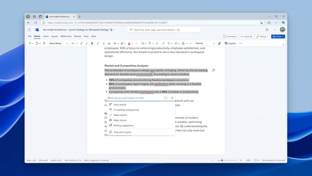 A screenshot of some text in a Word document highlighted and the option to have Copilot Fix spelling and grammar.
