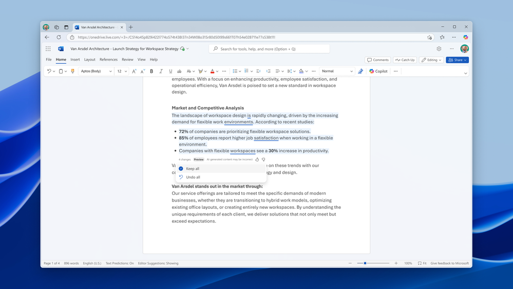 A bunch of highlighted text in Word with fixed grammar and spelling mistakes, with the option to Keel all or Undo all changes.
