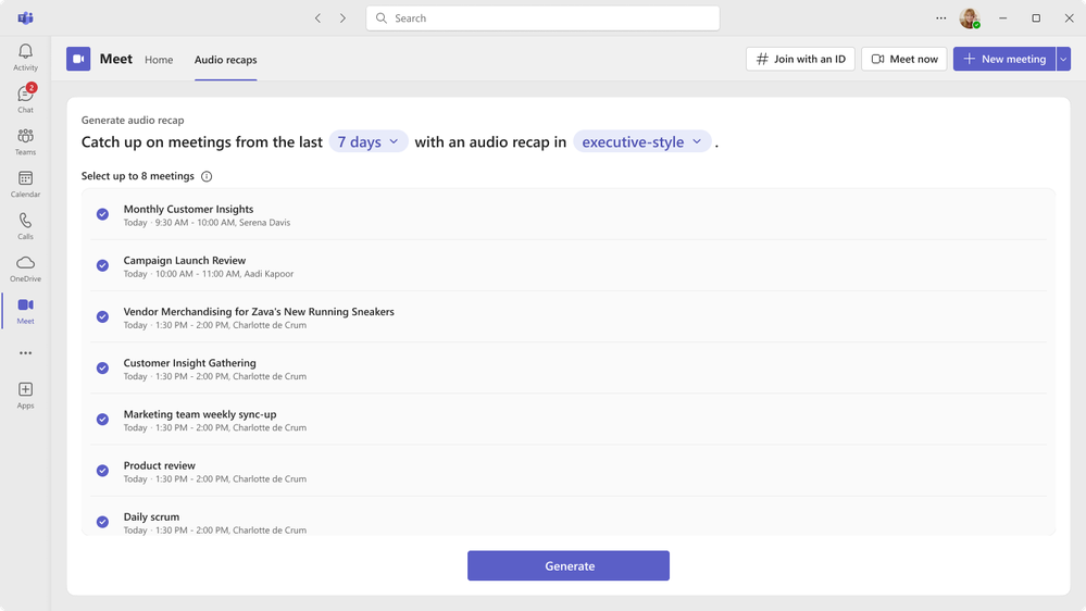 A screenshot of the Generate an audio recap page on Microsoft Teams for desktop asking to select up to 8 meetings and pick a style.