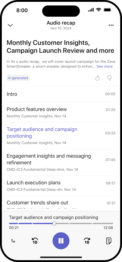 A screenshot of an audio recap of a meeting about Monthly Customer Insights in Microsoft Teams for iOS.