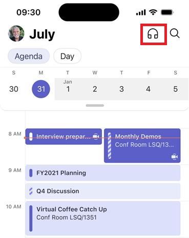 A screenshot of the Calendar app in Microsoft Teams with the headphones button highlighted in the right-hand corner.