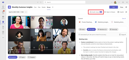 A screenshot of a meeting recap of Monthly Customer Insights with the Audio recap button highlighted in Microsoft Teams.