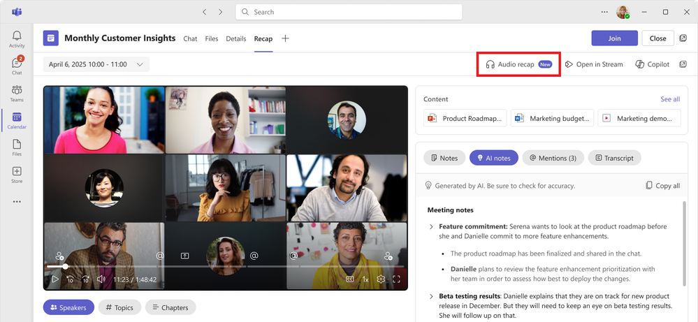 A screenshot of a meeting recap of Monthly Customer Insights with the Audio recap button highlighted in Microsoft Teams.