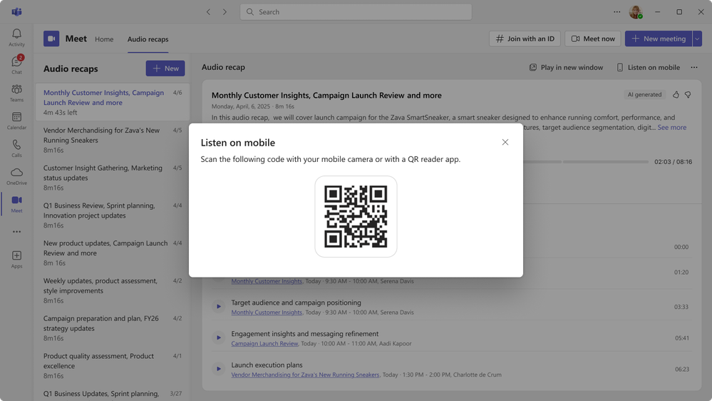 A screenshot of the Listen on Mobile QR code for moving an audio recap to your phone or tablet in Microsoft Teams for desktop.