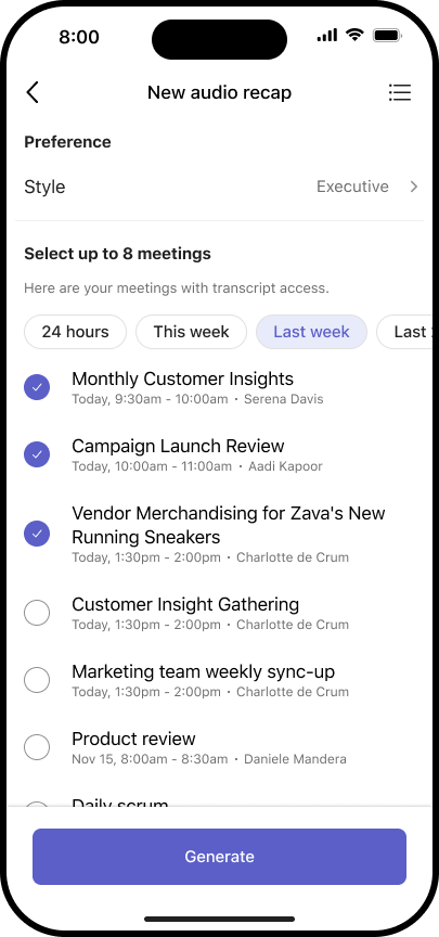 A screenshot of the New audio recap page in Microsoft Teams for iOS that allows you to choose your style and up to 8 meetings.