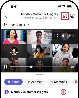 A screenshot of a meeting recap about Monthly Customer Insights in Microsoft Teams for iOS.