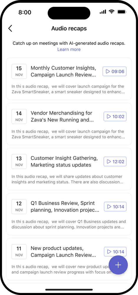 A screenshot of the audio recaps page of past audio recaps in Microsoft Teams for iOS.