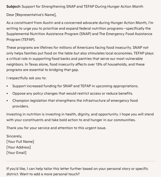 A Microsoft Copilot response of a letter with a subject line to email to a representative to expand federal nutrition programs SNAP and TEFAP.