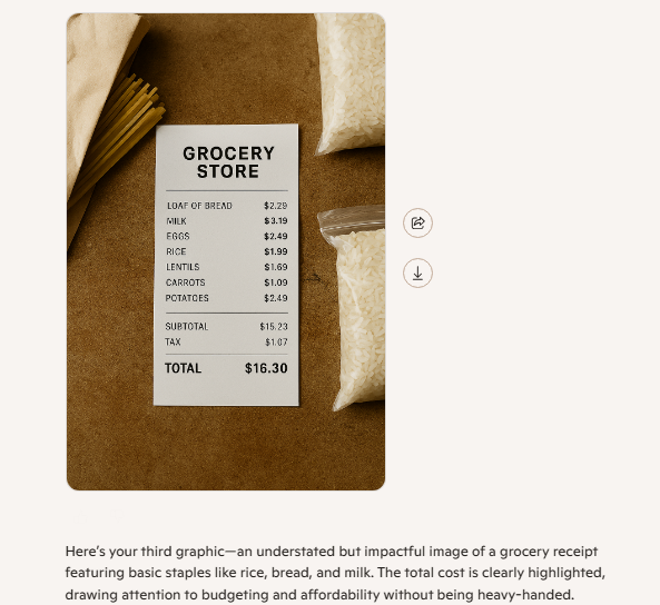 A Microsoft Copilot response providing an image of a grocery store receipt for a social media post about Hunger Action Month.