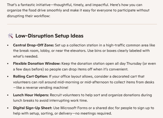 A Microsoft Copilot response suggesting low-disruption setup ideas for organizing a food drive in the workplace, like using a rolling cart and recruiting lunch hour helpers.