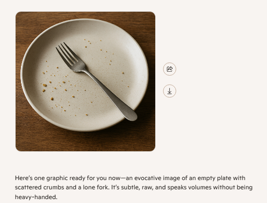 A Microsoft Copilot response providing an image of an empty plate and fork with crumbs on it for a social media post about Hunger Action Month.