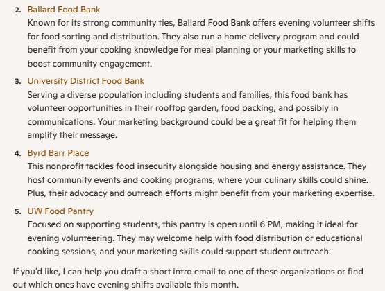 A Microsoft Copilot response listing 4 options for volunteering in the Seattle, Washington area for Hunger Action Month, including food pantries and food insecurity nonprofits.