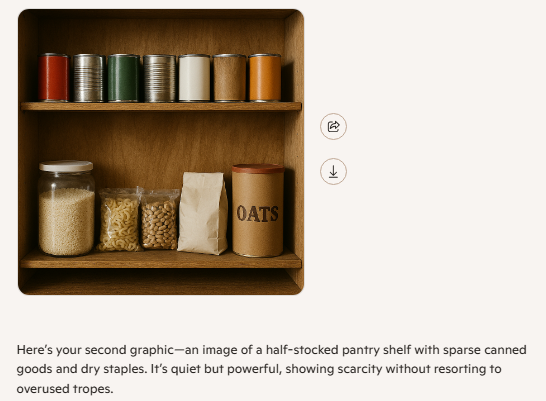 A Microsoft Copilot response providing an image of a pantry of goods for a social media post about Hunger Action Month.