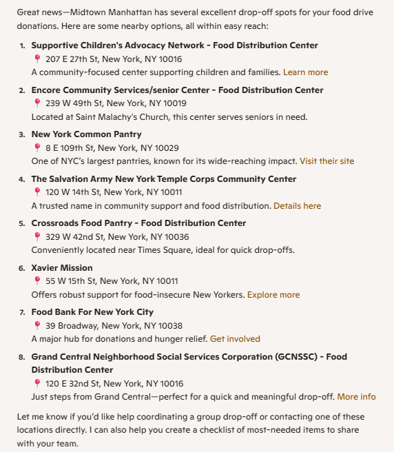 A Microsoft Copilot response listing 8 distribution and drop-off centers in midtown Manhattan, New York for donating food drive goods.