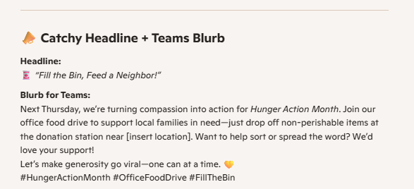 A Microsoft Copilot response providing a headline and blurb for an office food drive for Hunger Action Month to post in Microsoft Teams.