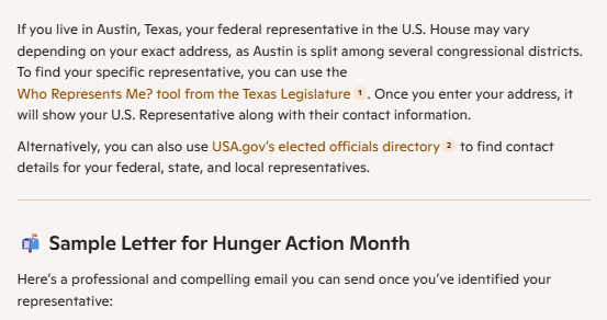 A Microsoft Copilot response suggesting how to find a representative if you live in Austin, Texas, to send a letter about hunger relief policies.