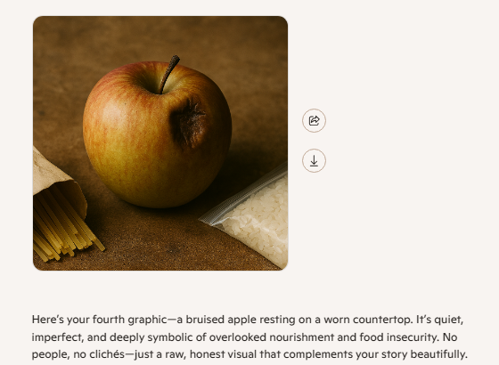 A Microsoft Copilot response providing an image of a bruised apple for a social media post about Hunger Action Month.