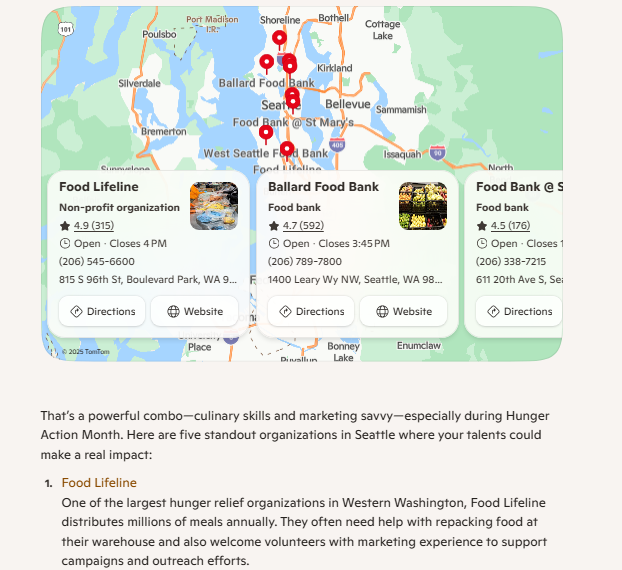 A Microsoft Copilot response with a map of several nonprofits in the Seattle, Washington area for volunteering for Hunger Action Month.