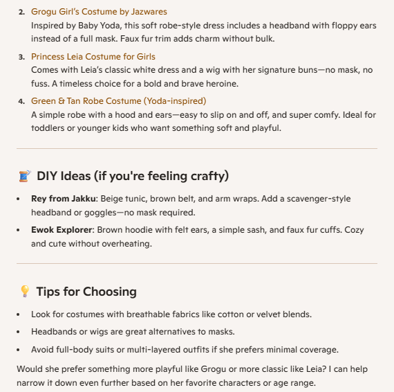 A Microsoft Copilot response recommending Star Wars-themed costumes for girls to make or buy online.