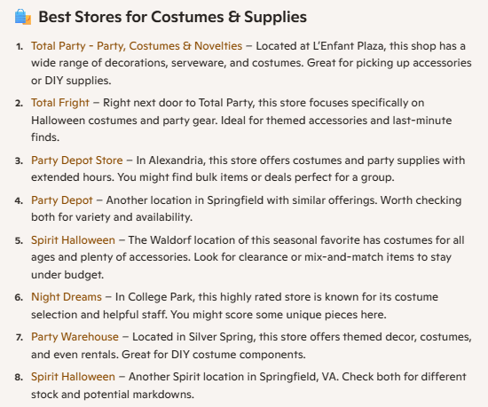 A Microsoft Copilot response listing 8 stores to buy Halloween costumes in DC, including Spirit Halloween and Night Dreams.